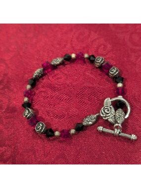 Red,black and silver toggle beaded bracelet Hand Crafted,8.5 inches long.
